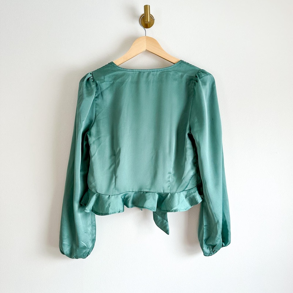 SAGE The Label Tie-Front Balloon Sleeve Ruffle Trim Blouse Green S - Picture 2 of 8